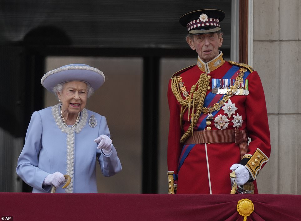 At her Platinum Jubilee celebration, she had to rely on close family members in the place of where Prince Philip would have once been (pictured, with the Duke of Kent)
