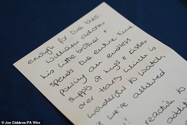 In a letter written to her parents' housekeeper Violet Collison and dated from September 25, 1984, Diana writes: 'William adores his little brother and spends the entire time pouring an endless supply of hugs & kisses over Harry'