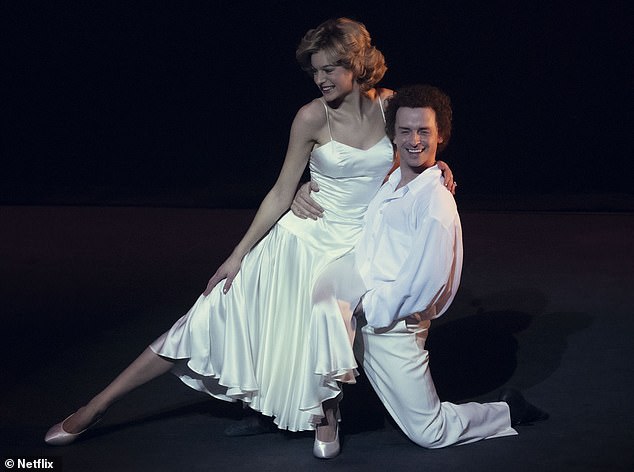 The duo's iconic 1985 dance was recreated in Season four of The Crown (above) with Jay Webb playing the flamboyant star accompanying the Princess, portrayed by Emma Corrin