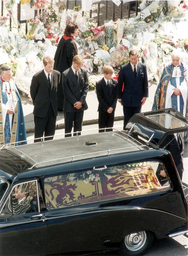 The Earl of Spencer, Prince William, Prince Harry and the then Prince of Wales are seen waiting as Diana's coffin prepares to leave, following the funeral service at Westminster Abbey