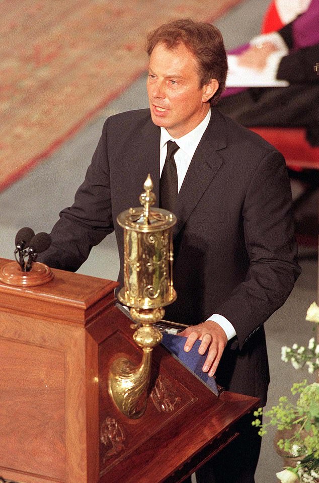 Blair later claimed credit for persuading the Queen to return to London and pay a public tribute to the princess to satisfy the public demand. He is pictured at the funeral of the Princess of Wales in 1997